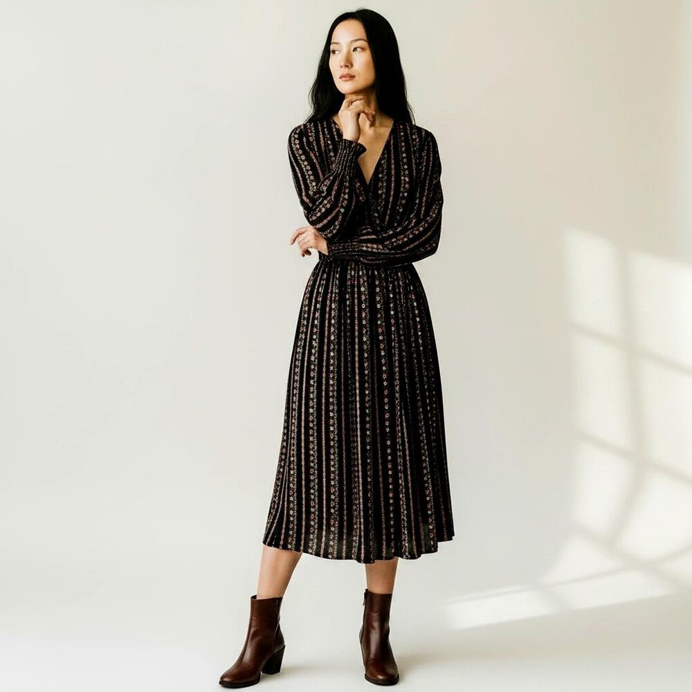 See By Chloe Floral Stripe Wrap Midi Dress 100% Viscose Long Sleeve Size S